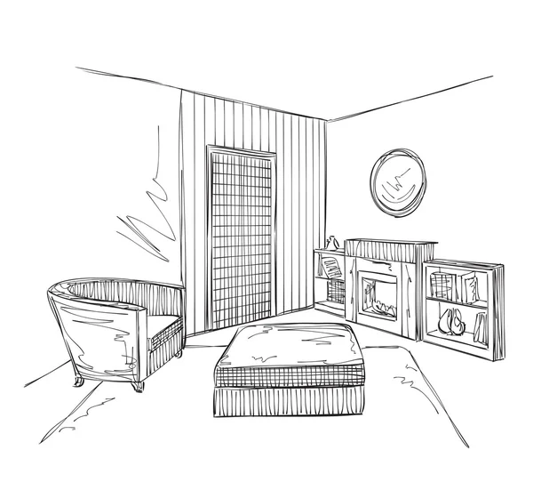 Bosquejo de habitación interior moderno. Silla y muebles . — Vector de stock