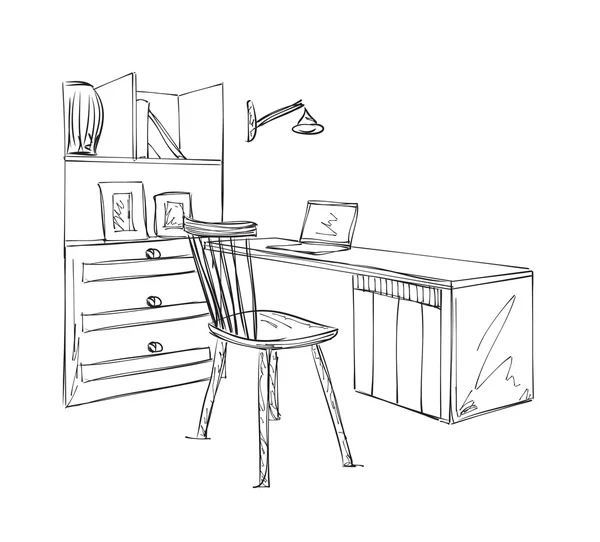 Croquis du lieu de travail. Table et chaise dessinées à la main — Image vectorielle