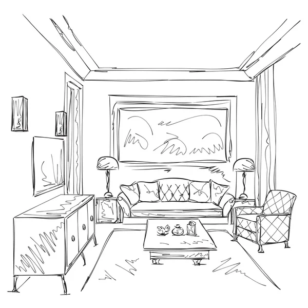 Moderní interiér místnosti skica. Židle a nábytek. — Stockový vektor