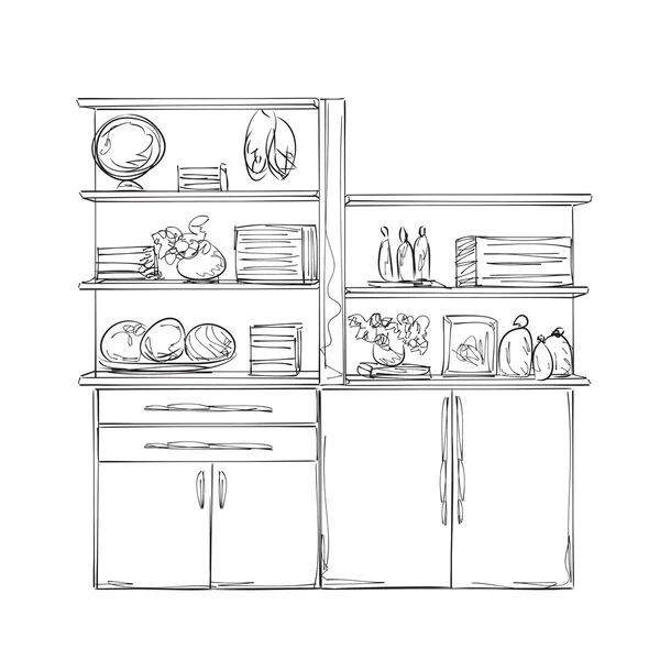 Armario de cocina. Muebles con artículos — Vector de stock