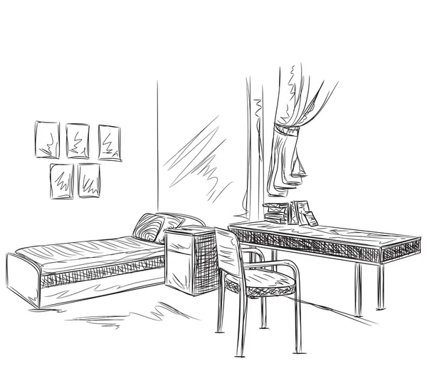 Рисунок интерьера комнаты. Спальня с рабочим местом — стоковый вектор