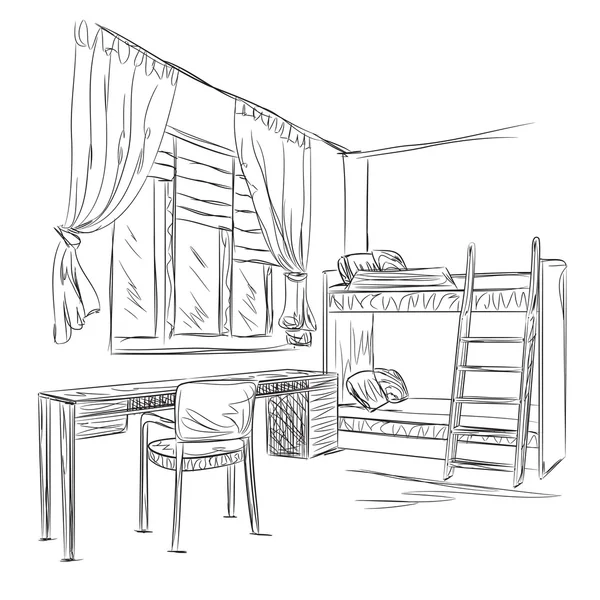 Bosquejo interior de la habitación. Dormitorio con lugar de trabajo — Vector de stock