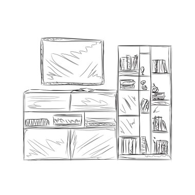 Elle çizilmiş kitaplık. Mobilya kroki