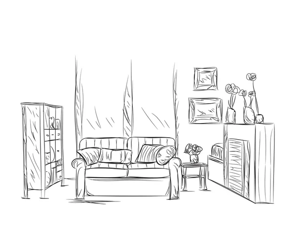 现代室内空间素描。家具元素 — 图库矢量图片