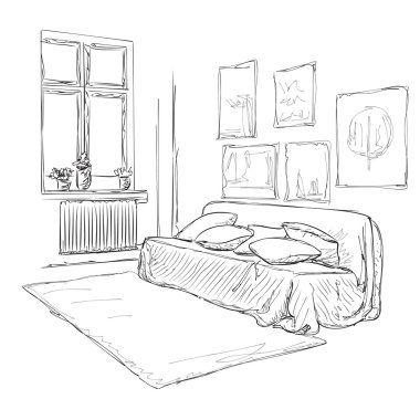 Modern iç Oda kroki. Elle çizilmiş mobilya.