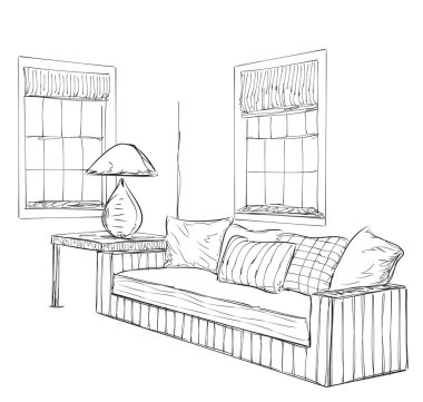 Modern iç Oda kroki. Elle çizilmiş mobilya.