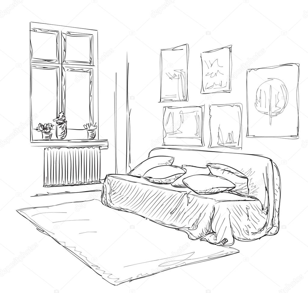 Modern interior room  sketch  Hand drawn furniture  Stock 