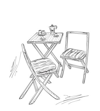 Mobilya yaz kafede. Sandalye ve masa kroki