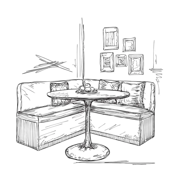 Cafe nebo kuchyňský interiér. Stůl a gauč skica — Stockový vektor