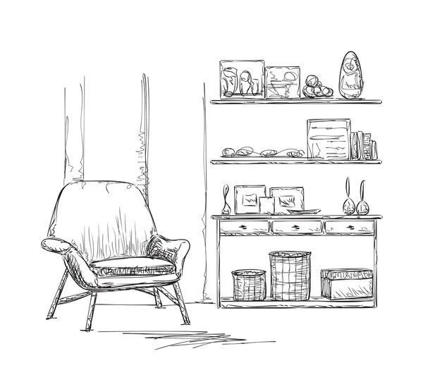 Schizzo interno della stanza. Sedia e armadio — Vettoriale Stock
