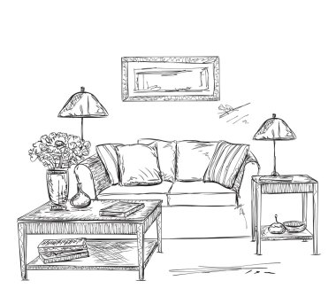 Modern iç Oda kroki. Elle çizilmiş mobilya.