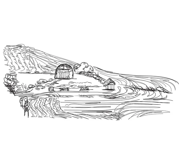 Köy ve alan çizilmiş peyzaj el
