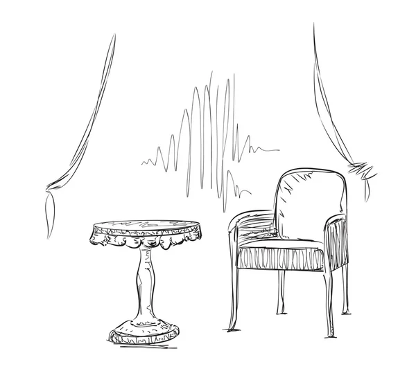 椅子とテーブルをスケッチします。インテリア — ストックベクタ