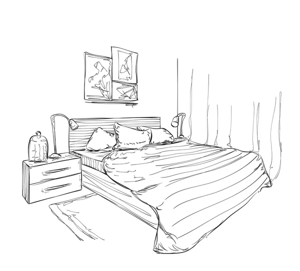 Schlafzimmer moderne Innenraumskizze — Stockvektor