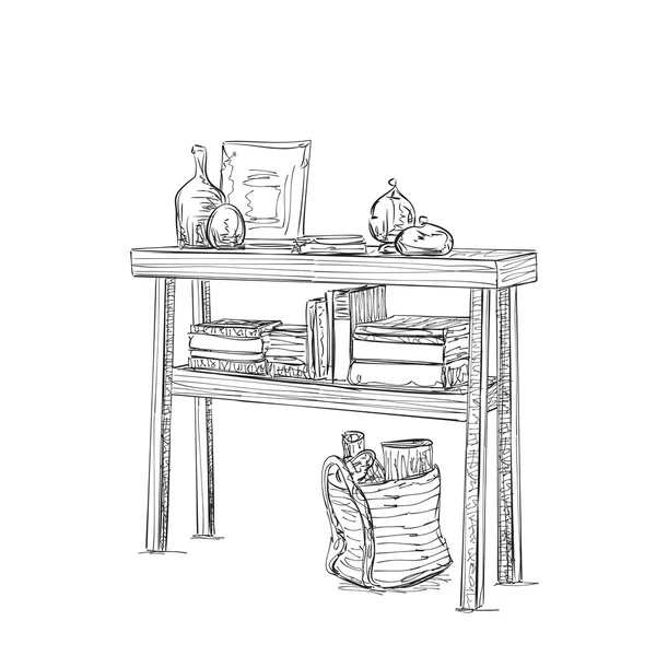 Τραπέζι, πιάτα και βιβλία. Σκίτσο έπιπλα — Διανυσματικό Αρχείο