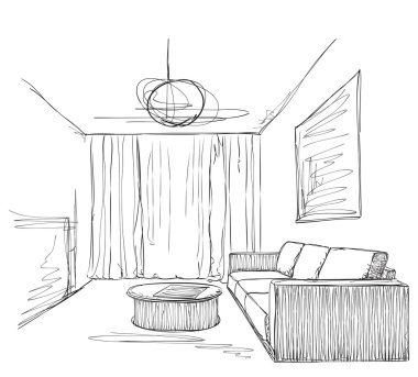 Oda iç kroki. Elle çizilmiş kanepe ve sandalye