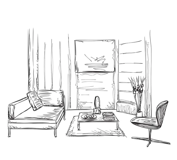 现代室内空间素描。手绘家具. — 图库矢量图片