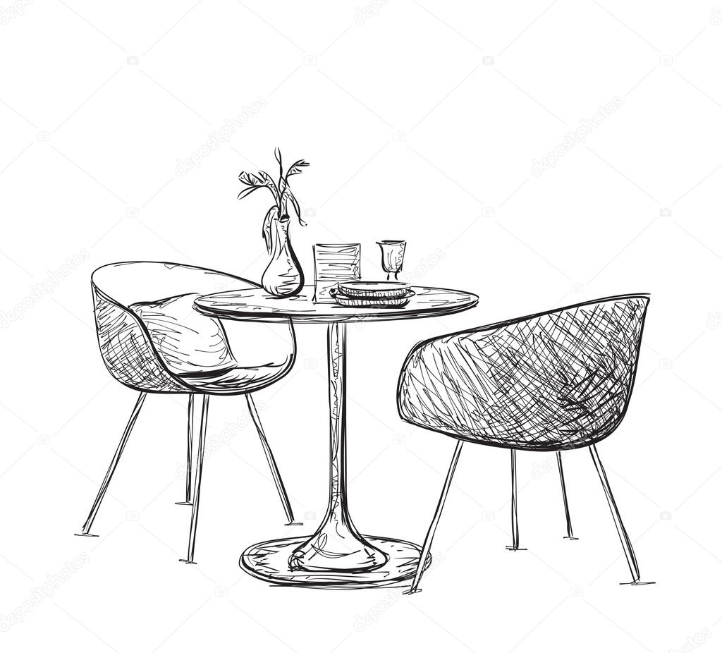 Skizze des modernen Interieurs Tisch und Stühle. - Vektorgrafik