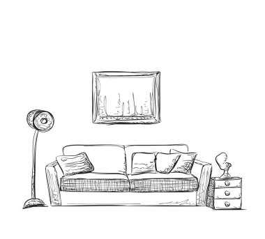 Oda içi çizimi. El yapımı kanepe..