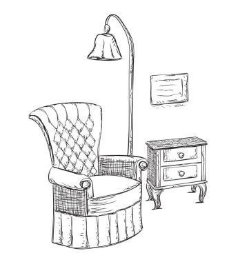 Elle çizilmiş odası iç. Okuma yer kroki