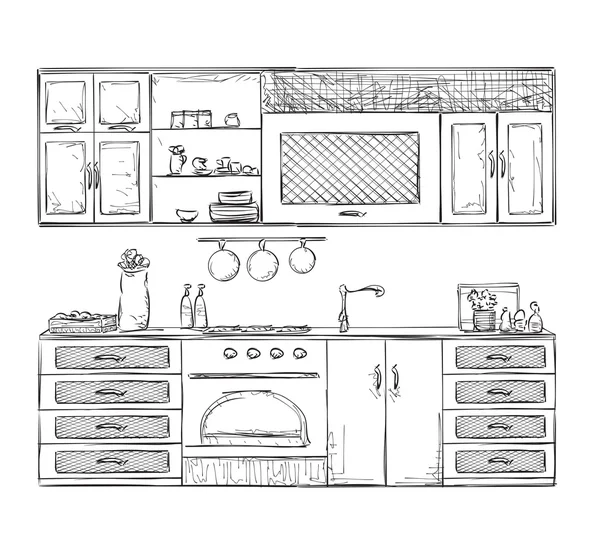 Bosquejo lineal arquitectónico interior pequeña cocina vista frontal
