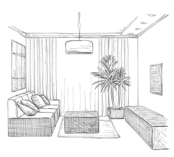 Interior do quarto desenhado à mão. Desenho de mobiliário . — Vetor de Stock