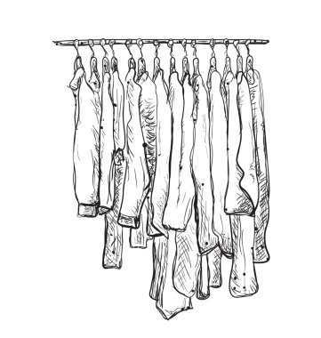 Kostüm çizimi. Elbiseler askıda..