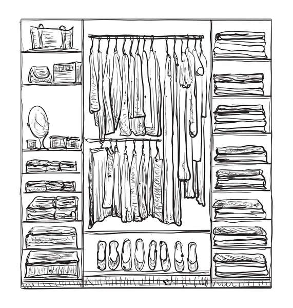 Croquis d'armoire. Intérieur de la chambre avec vêtements . — Image vectorielle