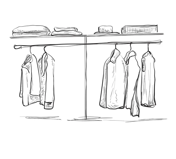 Boceto del armario. Pasillo interior con ropa . — Vector de stock