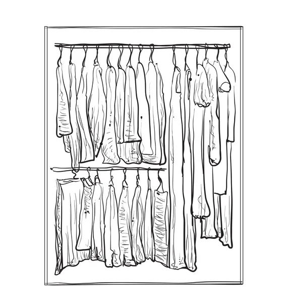 Boceto del armario. Habitación interior con ropa . — Vector de stock