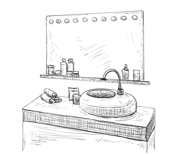Esquisse intérieure de salle de bains. Lavabo et miroir . — Image vectorielle