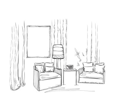 Oda iç kroki. Gelen sandalyeler el.