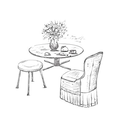 Oda iç kroki. Elle çizilmiş mobilya