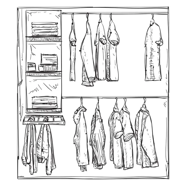 Garderobenskizze. Raumausstattung mit Kleidung. — Stockvektor