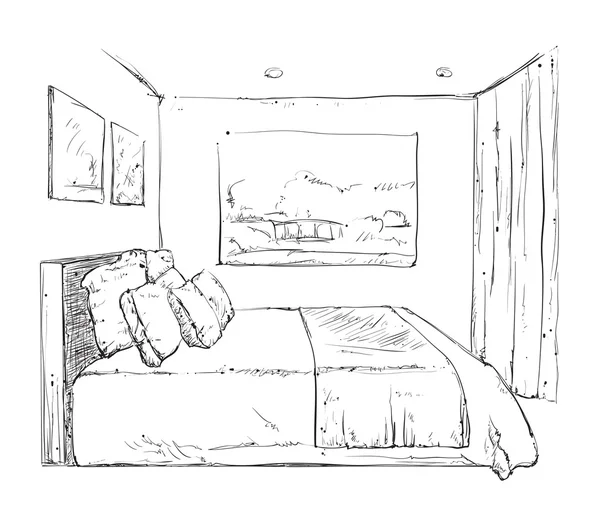 Рука намальована ескіз інтер'єру спальні — стоковий вектор