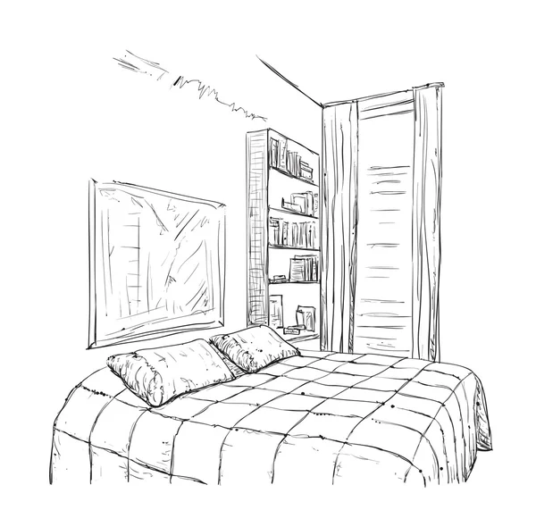 Croquis intérieur de chambre à coucher dessiné à la main — Image vectorielle