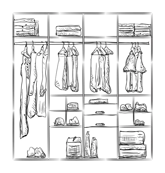 Boceto del armario. Habitación interior con ropa . — Vector de stock