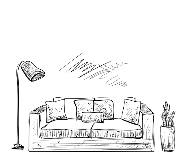 Esquisse intérieure de la pièce. Canapé dessiné main. — Image vectorielle