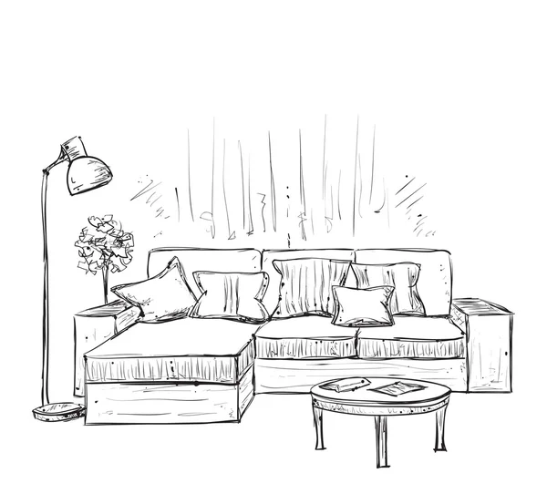 Szkic wnętrza pokoju. Ręcznie rysowana sofa. — Wektor stockowy