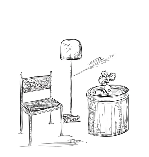 ルーム インテリア スケッチ。手の描かれた椅子. — ストックベクタ