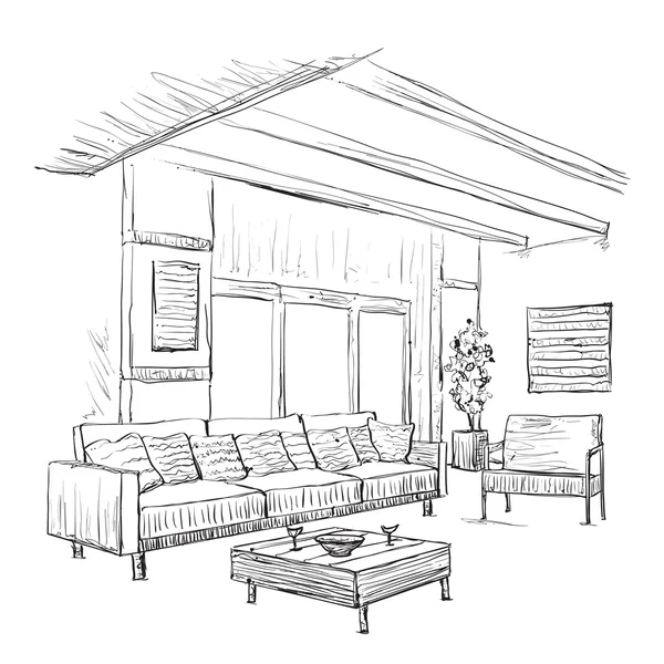 モダンなインテリアの客室スケッチ。手描きの家具. — ストックベクタ