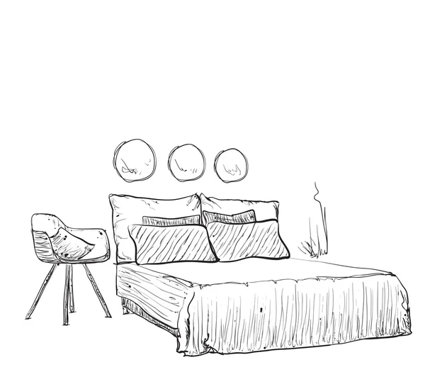 Sketsa interior Hand Drawn Bedroom . - Stok Vektor