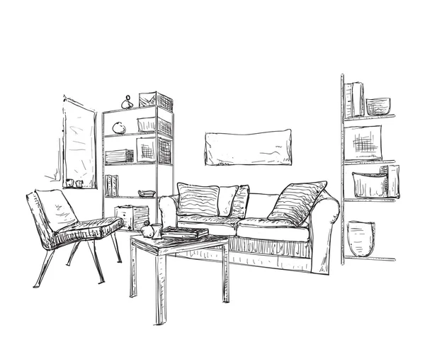 Рисунок интерьера комнаты. Рисунок дивана. — стоковый вектор