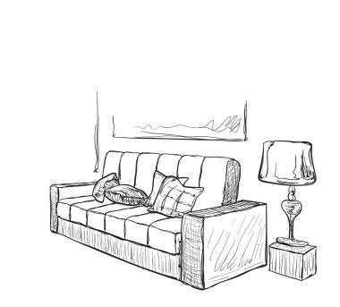 Oda içi çizimi. El yapımı kanepe..