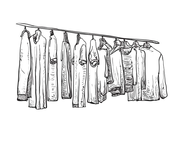 Handritad kläder på galgar. — Stock vektor