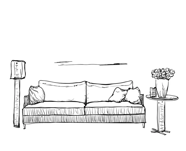 Handgezeichnete Skizze eines Sofas mit Kissen. — Stockvektor