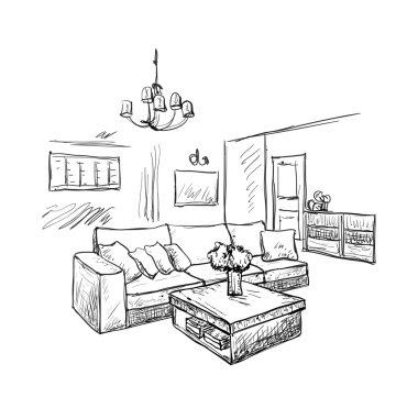 Elle çizilmiş oda iç kroki