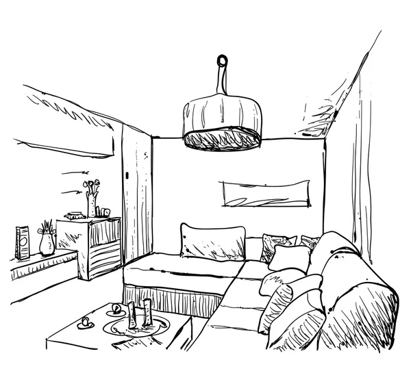 Desenho interior do quarto desenhado à mão — Vetor de Stock