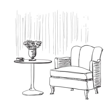 Mobilya yaz kafede. Sandalye ve masa kroki