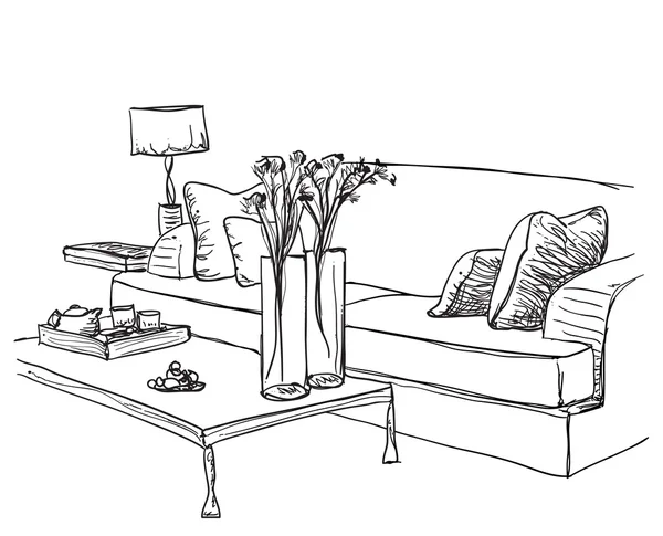 Schita interioară a camerei. Mobilier desenat manual — Vector de stoc